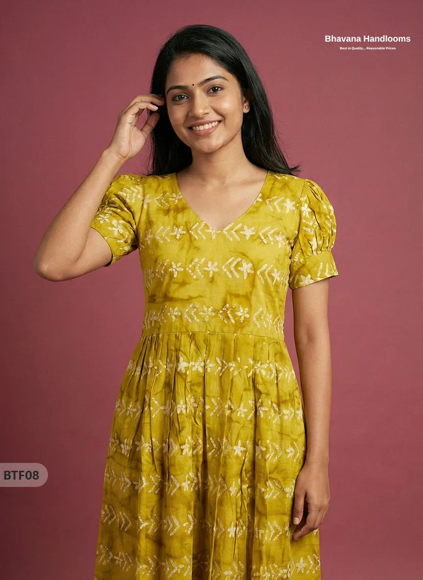 Handmade Batik Frock with Natural Dye – Potli Ball Neck Design Lemon Yellow Colour