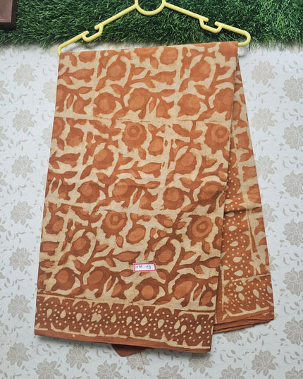 Vasundhara 120count Bathik Printed Cotton Saree with Brown colour