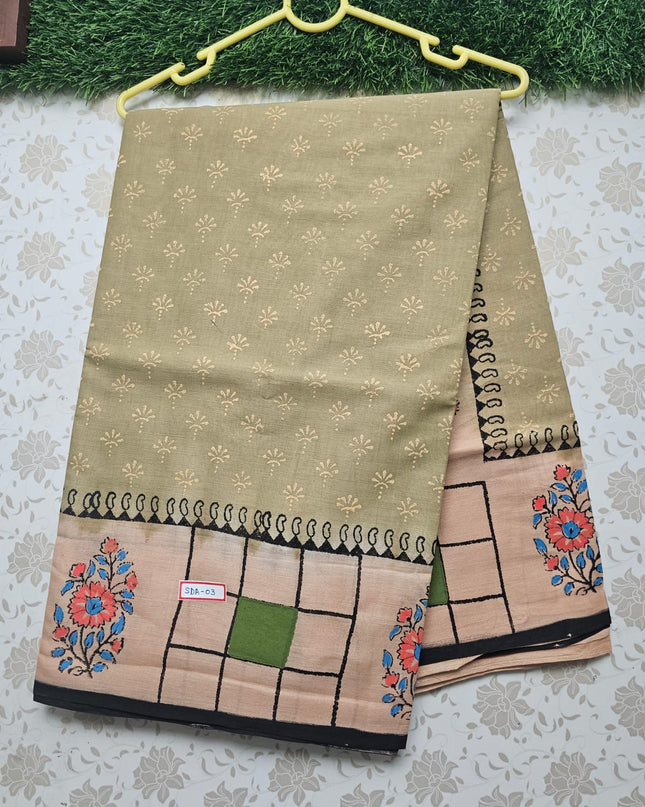 Vasundhara 120count Bathik Printed Cotton Saree with Pastel colour