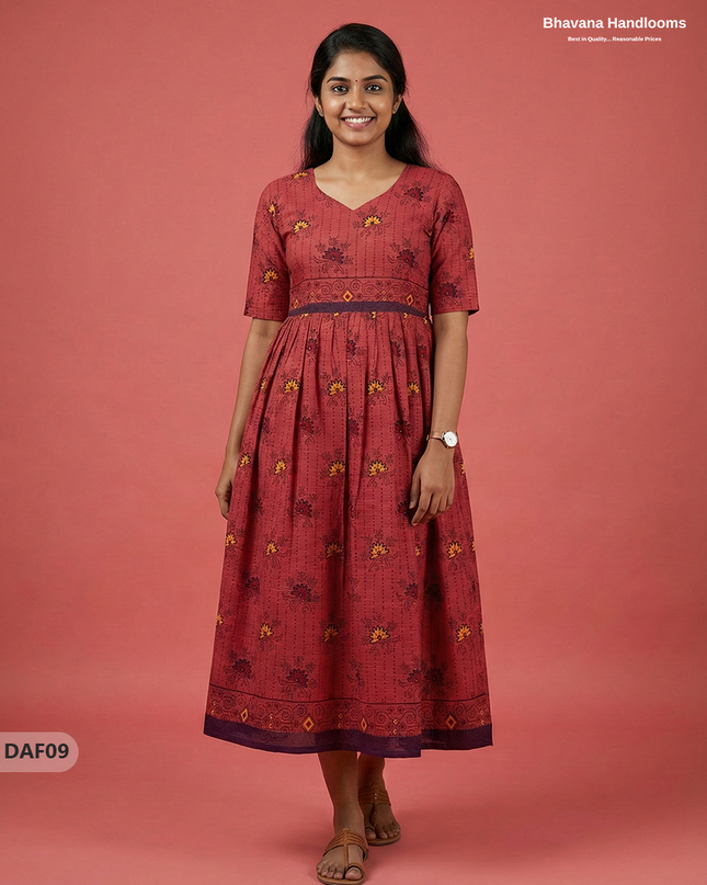 Comfortable Daily Wear Cotton Frock – Maroon Colour | Half Lining
