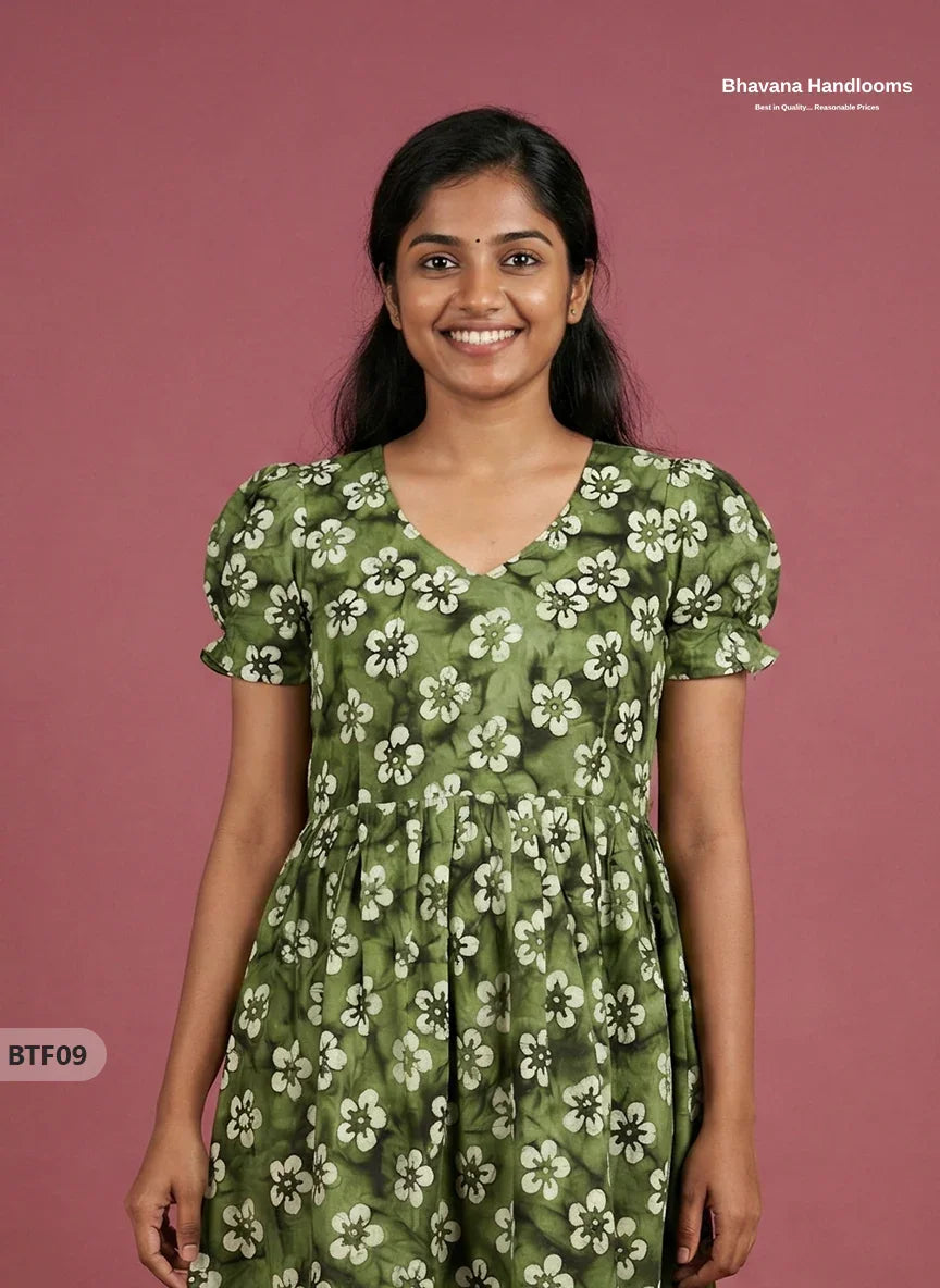 Handmade Batik Frock with Natural Dye – Potli Ball Neck Design Green Colour