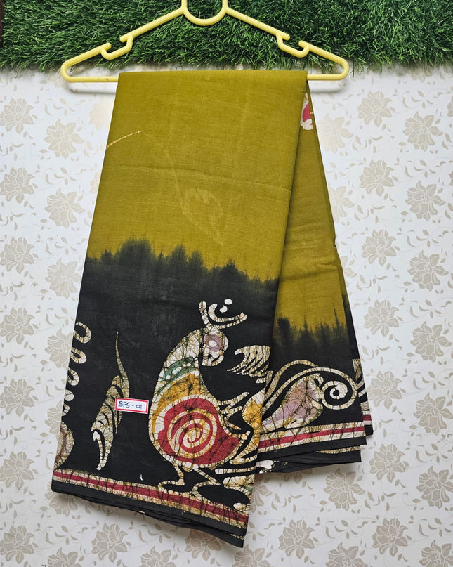 Premium Bathik Printed 120count soft cotton saree with Sampangi Green Colour