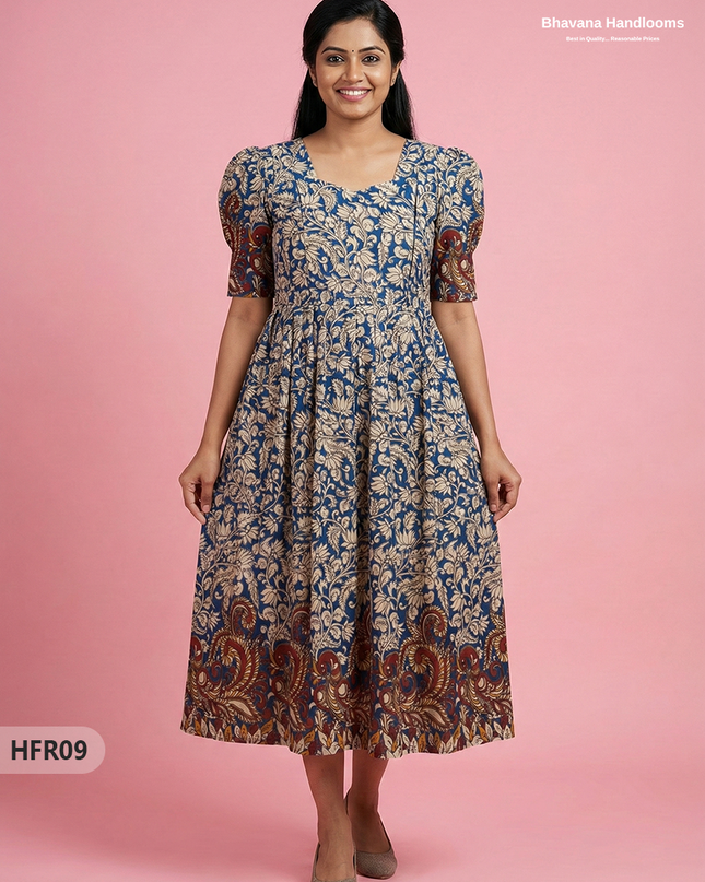 Feeding Frock with Kalamkari Design – Blue Color | Invisible Zips | Half Lining Maternity Wear