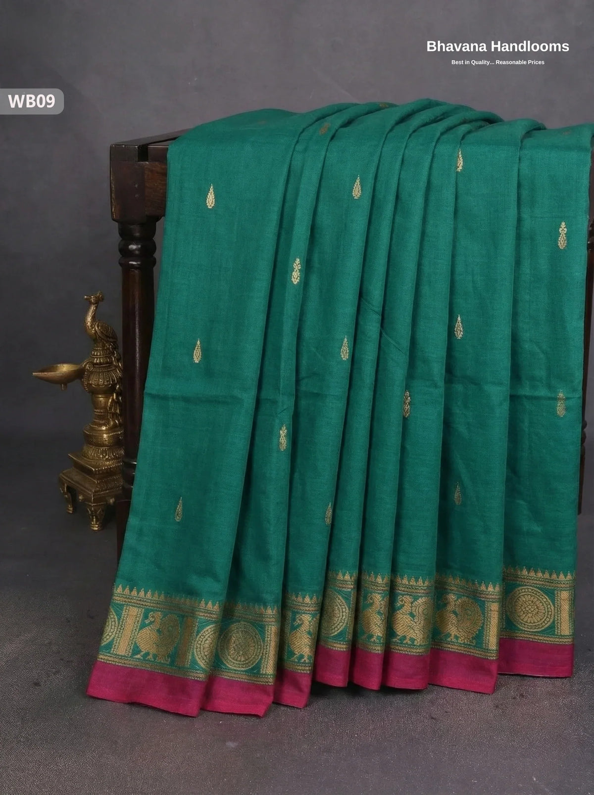 Authentic Kanchi Cotton Handloom Saree – Sea Green Colour (Without Blouse)