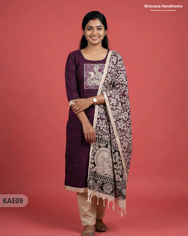 Readymade Kalamkari Cotton Kurti Set in Dark Purple Colour | Elegant Ethnic Wear