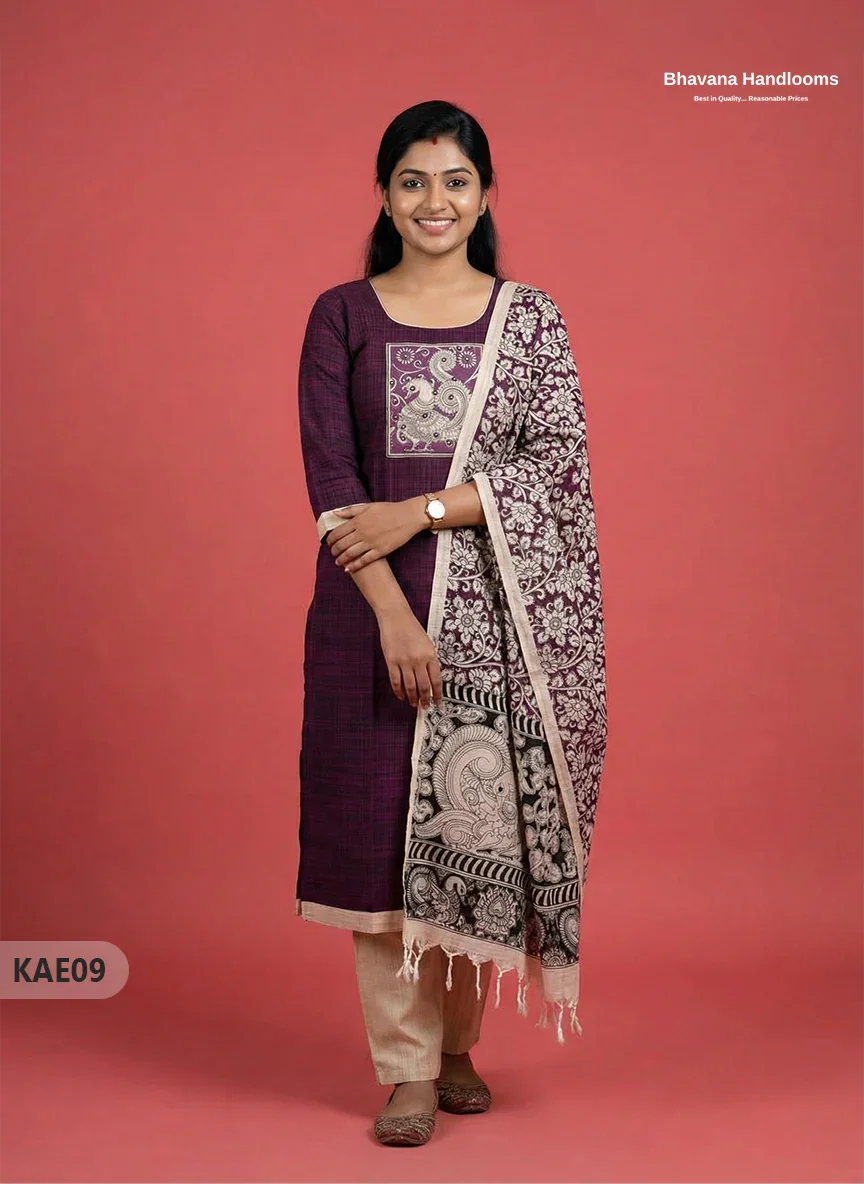 Readymade Kalamkari Cotton Kurti Set in Dark Purple Colour | Elegant Ethnic Wear
