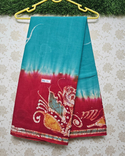 Premium Bathik Printed 120count soft cotton saree with Red Border