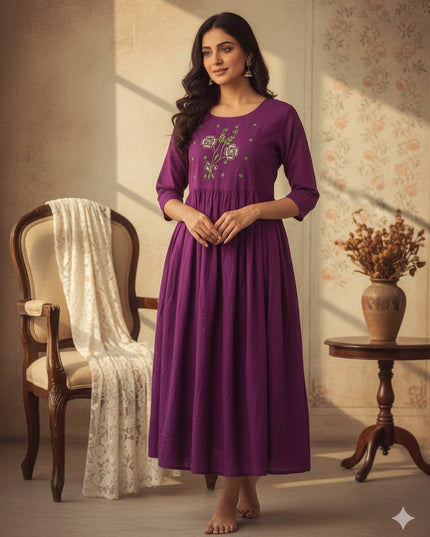 Cotton Plain Long Frock with Light Plum Colour