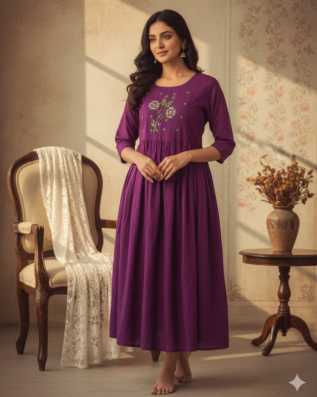Cotton Plain Long Frock with Light Plum Colour