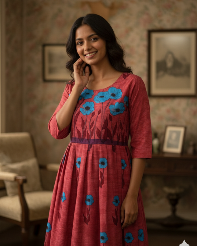 Floral Printed Cotton Frock for Women – Pink Dress | Bhavana Handlooms