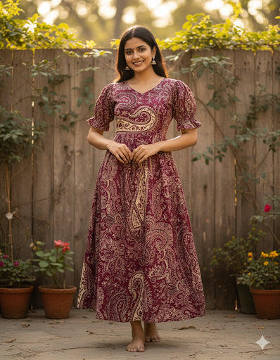 Premium Mul Cotton Frock Wine – Puff Sleeve Design with Knots, Zero Shrinkage