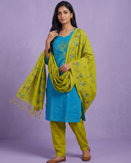 Premium Cotton Kurti Set with Bird Printed Design in Turquoise Blue | Gopuram Neck Design