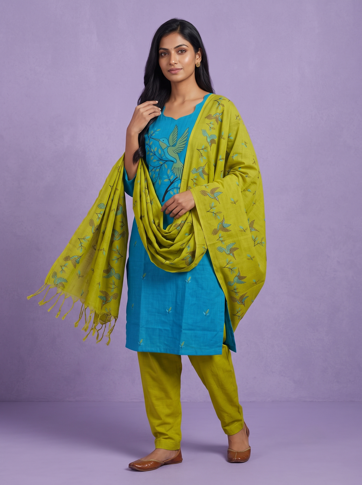 Premium Cotton Kurti Set with Bird Printed Design in Turquoise Blue | Gopuram Neck Design