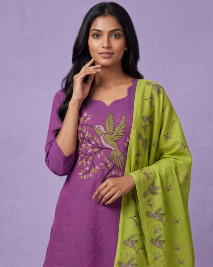 Premium Cotton Kurti Set with Bird Printed Design in Royal Purple | Gopuram Neck Design