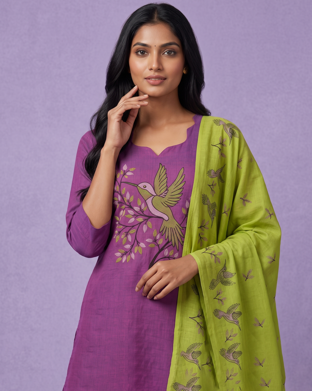 Premium Cotton Kurti Set with Bird Printed Design in Royal Purple | Gopuram Neck Design