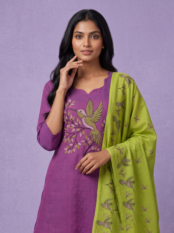 Premium Cotton Kurti Set with Bird Printed Design in Royal Purple | Gopuram Neck Design