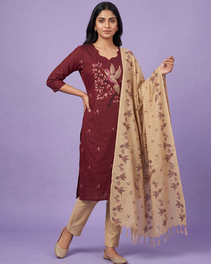 Premium Cotton Kurti Set with Bird Printed Design in Maroon | Gopuram Neck Design