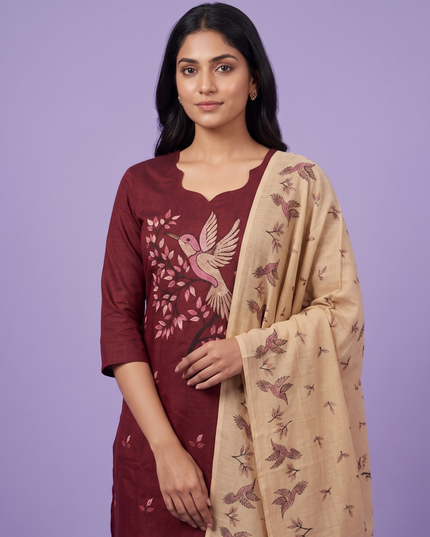 Premium Cotton Kurti Set with Bird Printed Design in Maroon | Gopuram Neck Design