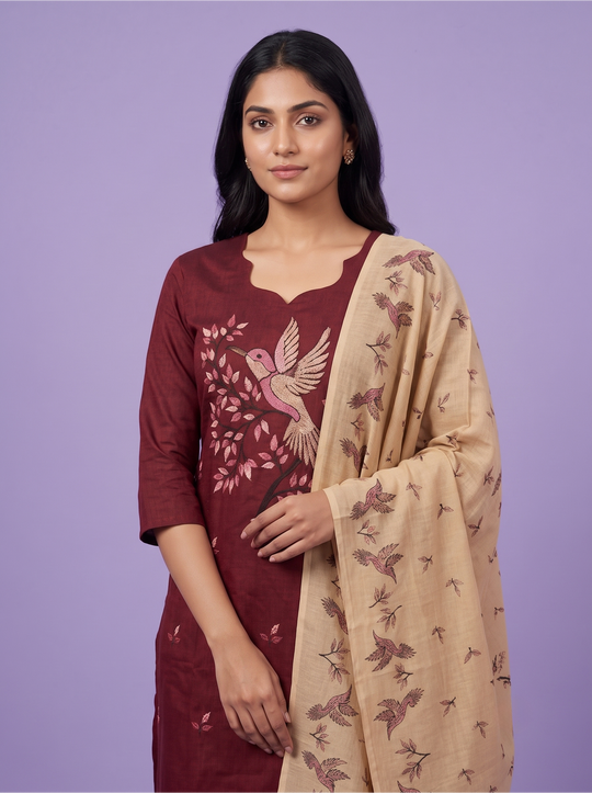 Premium Cotton Kurti Set with Bird Printed Design in Maroon | Gopuram Neck Design