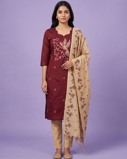 Premium Cotton Kurti Set with Bird Printed Design in Maroon | Gopuram Neck Design