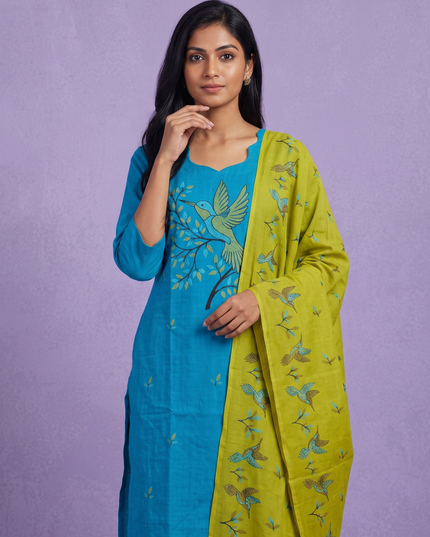 Premium Cotton Kurti Set with Bird Printed Design in Turquoise Blue | Gopuram Neck Design
