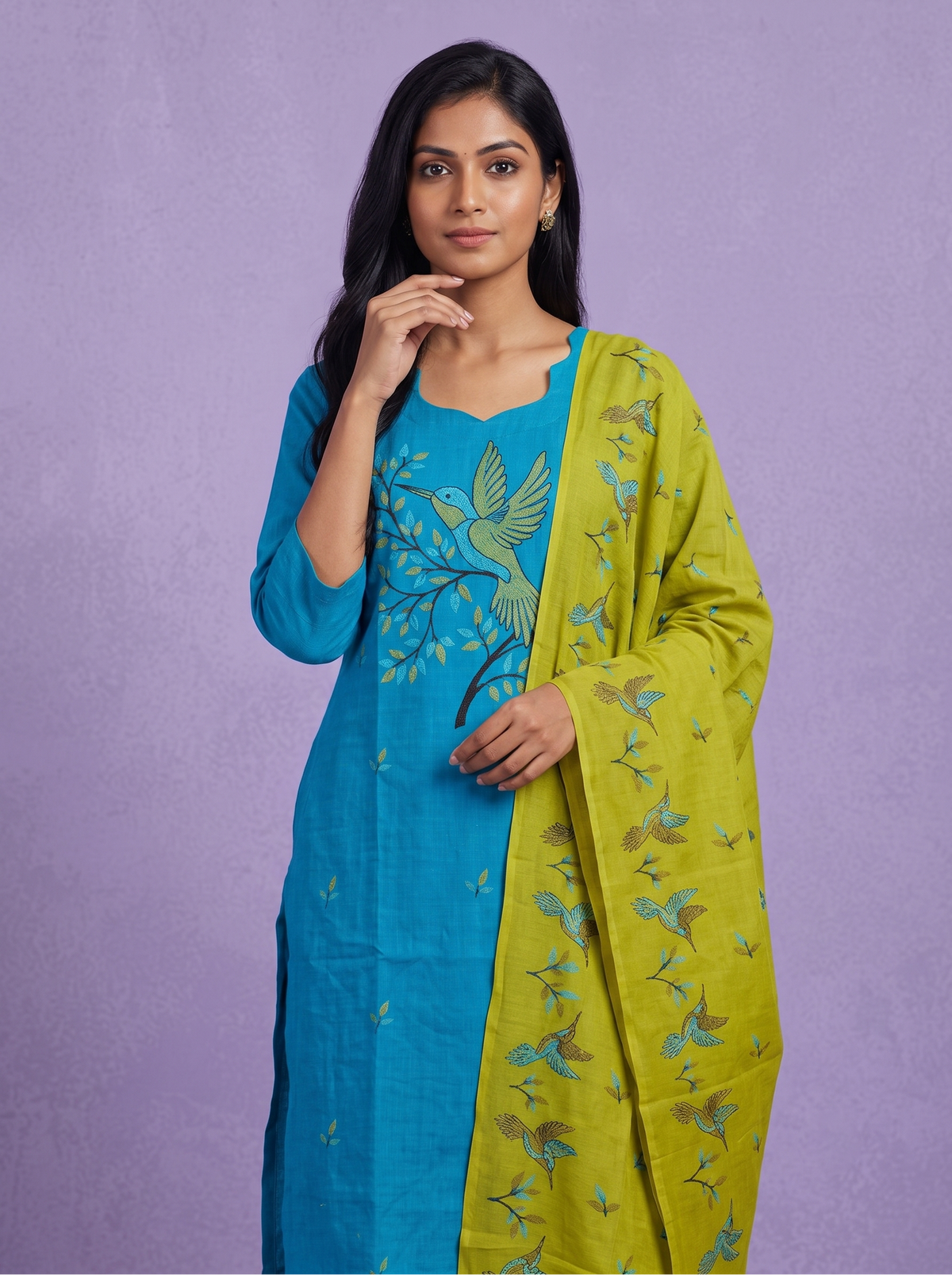 Premium Cotton Kurti Set with Bird Printed Design in Turquoise Blue | Gopuram Neck Design