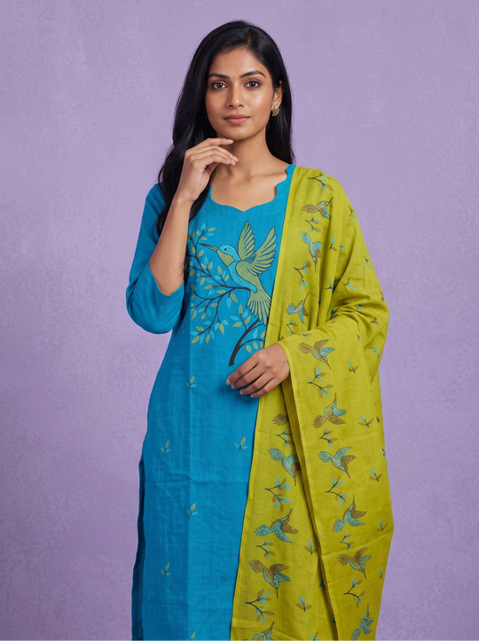 Premium Cotton Kurti Set with Bird Printed Design in Turquoise Blue | Gopuram Neck Design