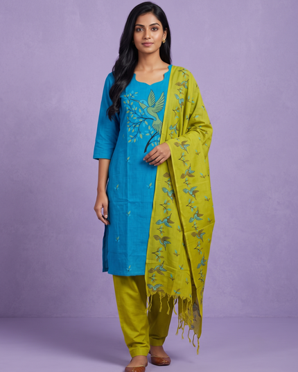 Premium Cotton Kurti Set with Bird Printed Design in Turquoise Blue | Gopuram Neck Design