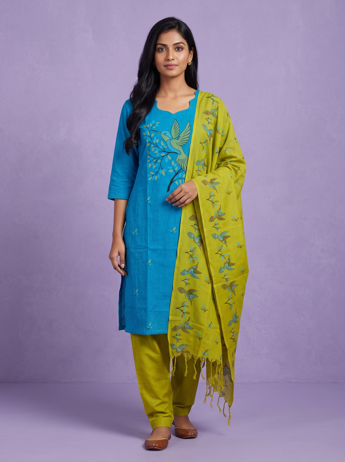 Premium Cotton Kurti Set with Bird Printed Design in Turquoise Blue | Gopuram Neck Design
