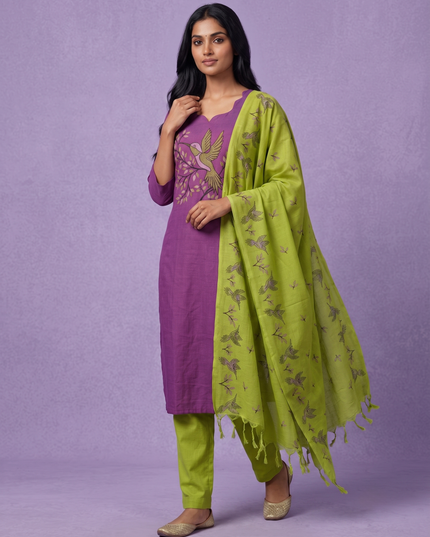 Premium Cotton Kurti Set with Bird Printed Design in Royal Purple | Gopuram Neck Design