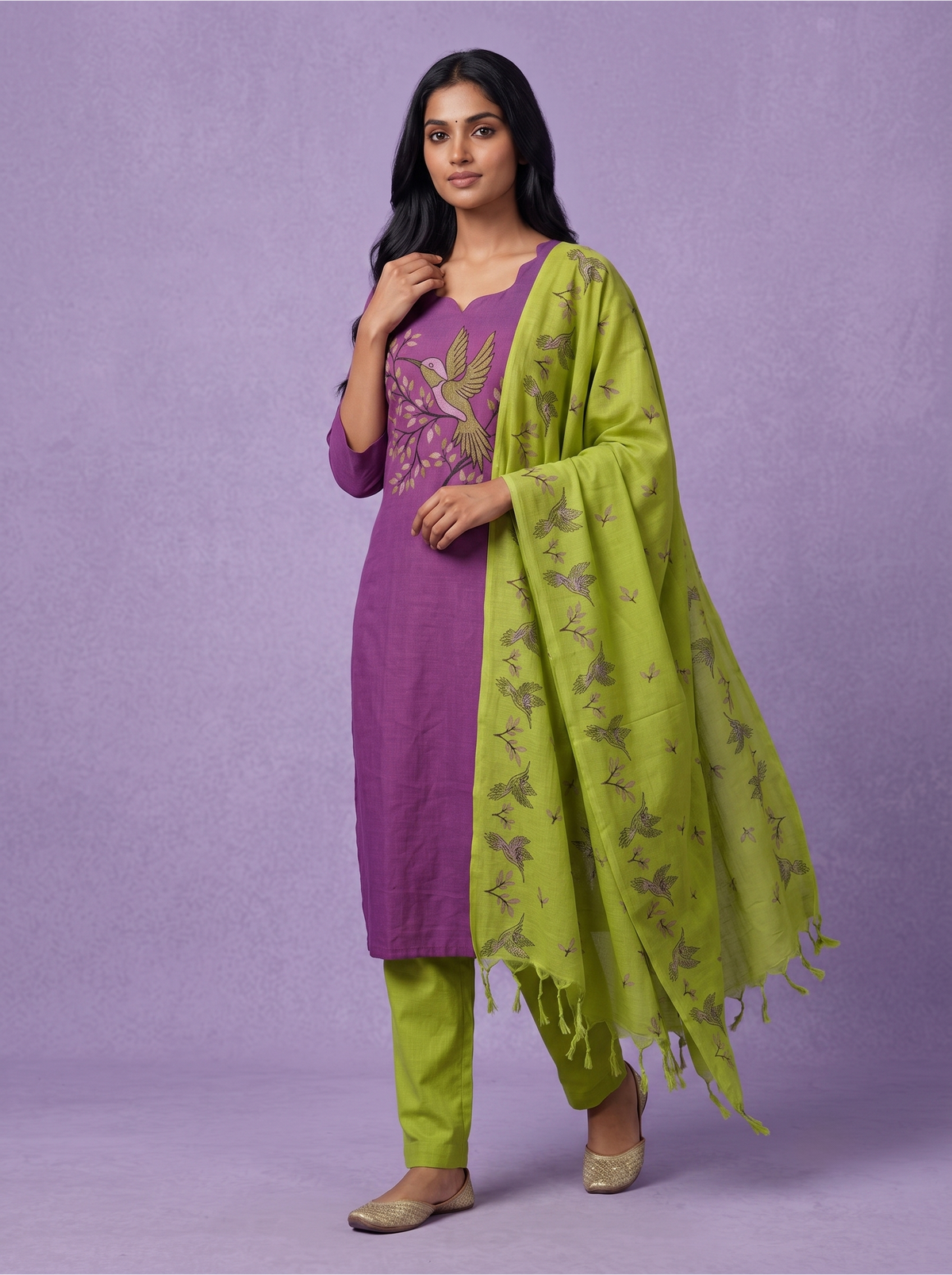 Premium Cotton Kurti Set with Bird Printed Design in Royal Purple | Gopuram Neck Design