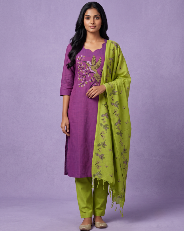 Premium Cotton Kurti Set with Bird Printed Design in Royal Purple | Gopuram Neck Design
