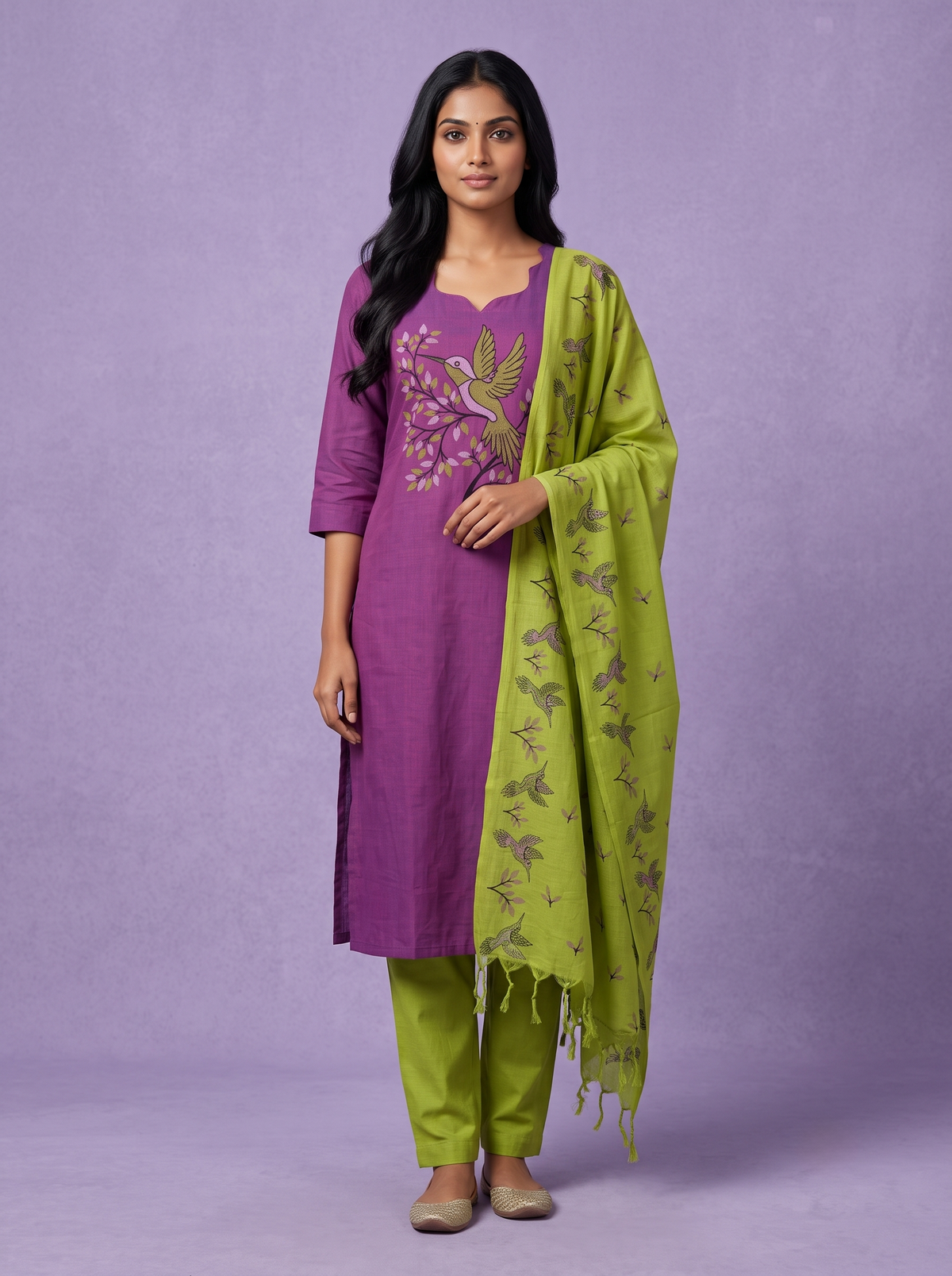 Premium Cotton Kurti Set with Bird Printed Design in Royal Purple | Gopuram Neck Design