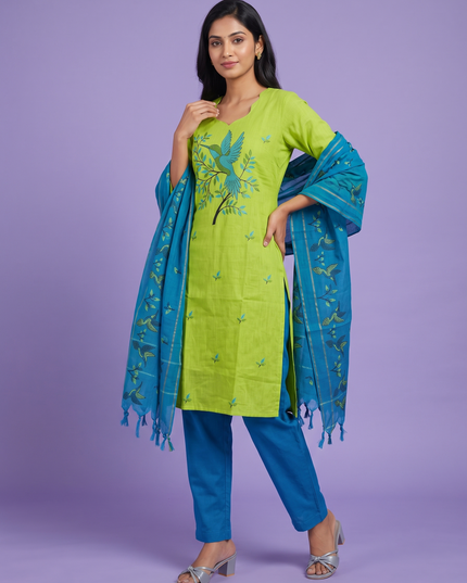 Premium Cotton Kurti Set with Bird Printed Design in Lime Green | Gopuram Neck Design