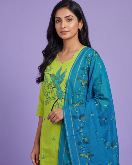 Premium Cotton Kurti Set with Bird Printed Design in Lime Green | Gopuram Neck Design