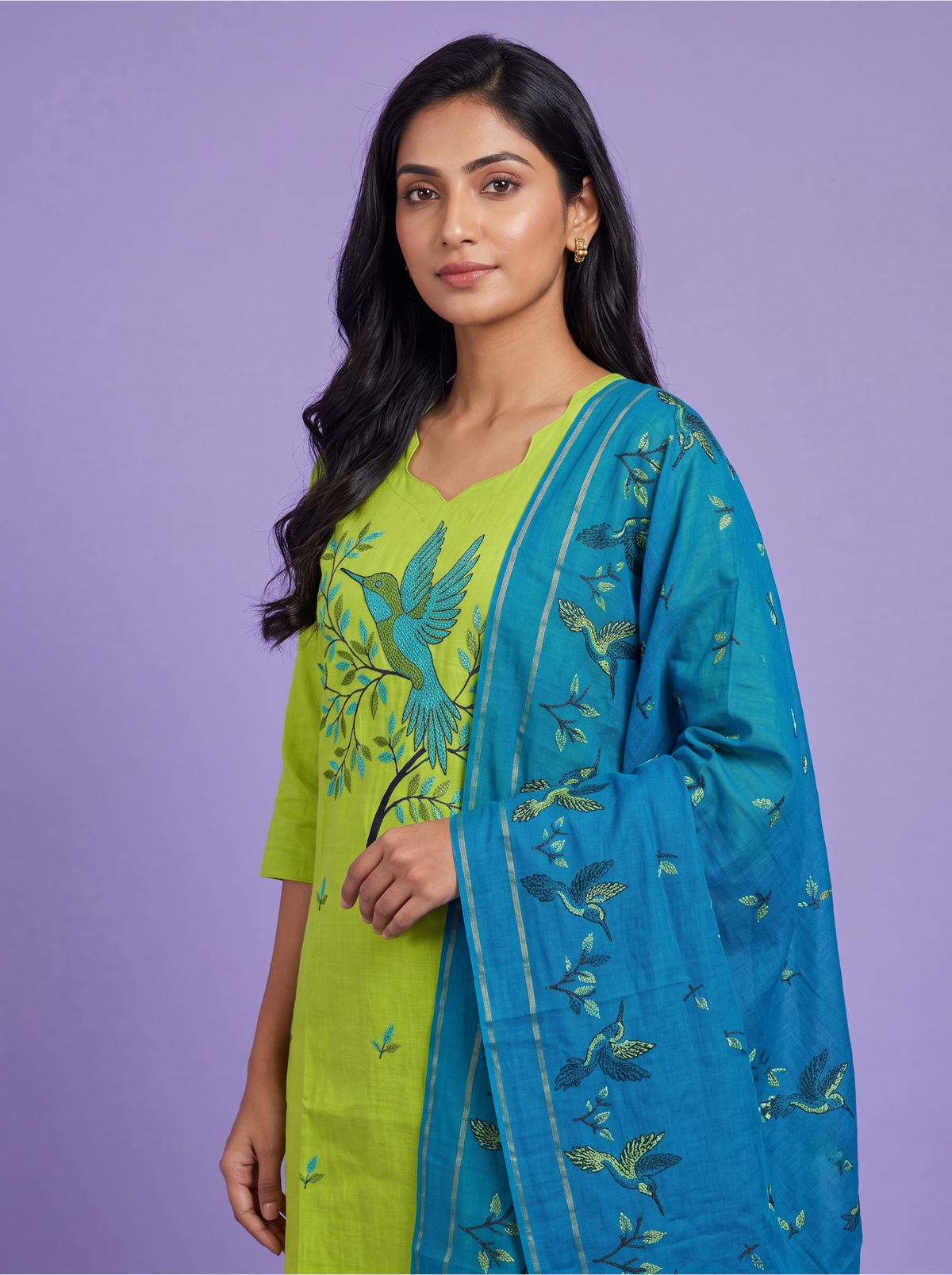Premium Cotton Kurti Set with Bird Printed Design in Lime Green | Gopuram Neck Design