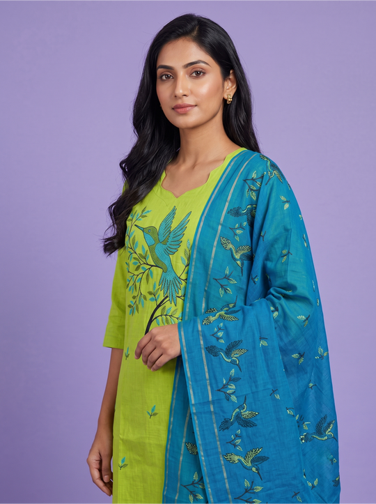 Premium Cotton Kurti Set with Bird Printed Design in Lime Green | Gopuram Neck Design