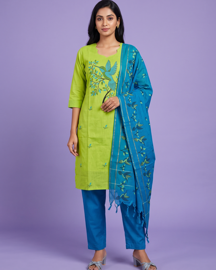 Premium Cotton Kurti Set with Bird Printed Design in Lime Green | Gopuram Neck Design