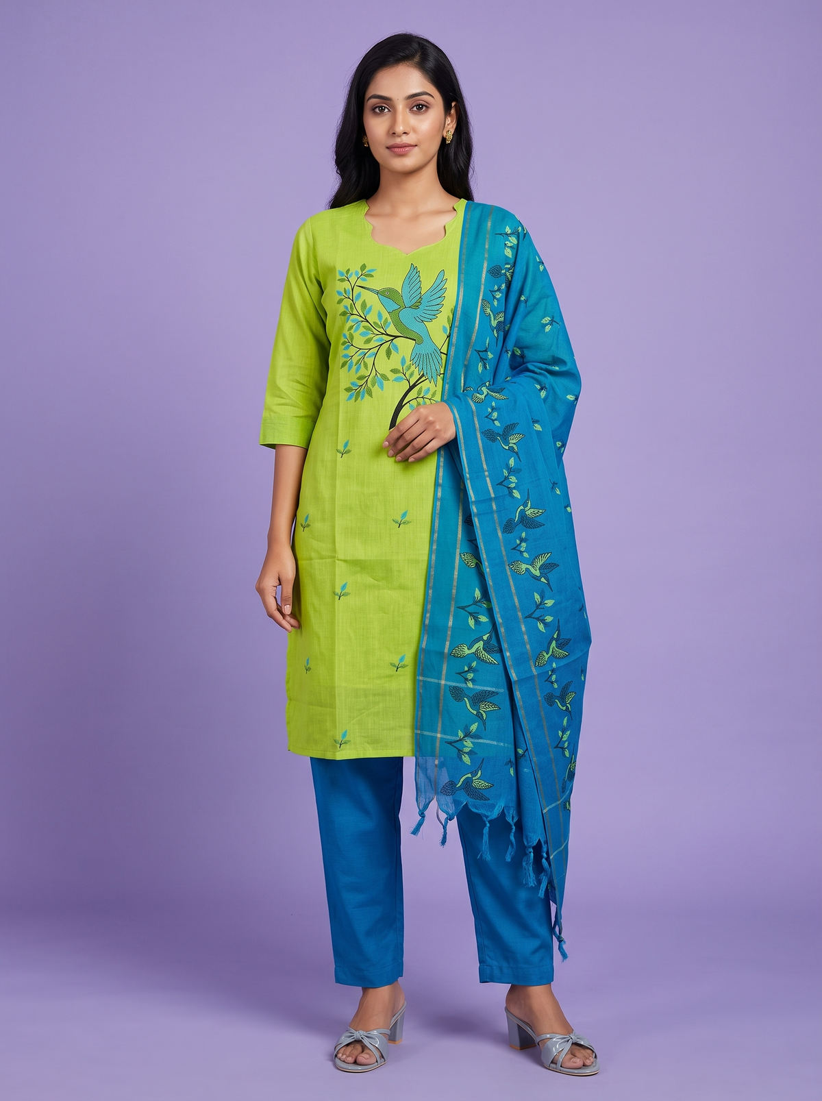 Premium Cotton Kurti Set with Bird Printed Design in Lime Green | Gopuram Neck Design