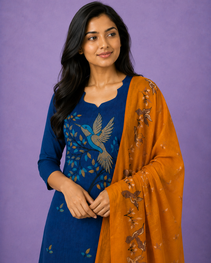 Premium Cotton Kurti Set with Bird Printed Design in Denim Blue | Gopuram Neck Design