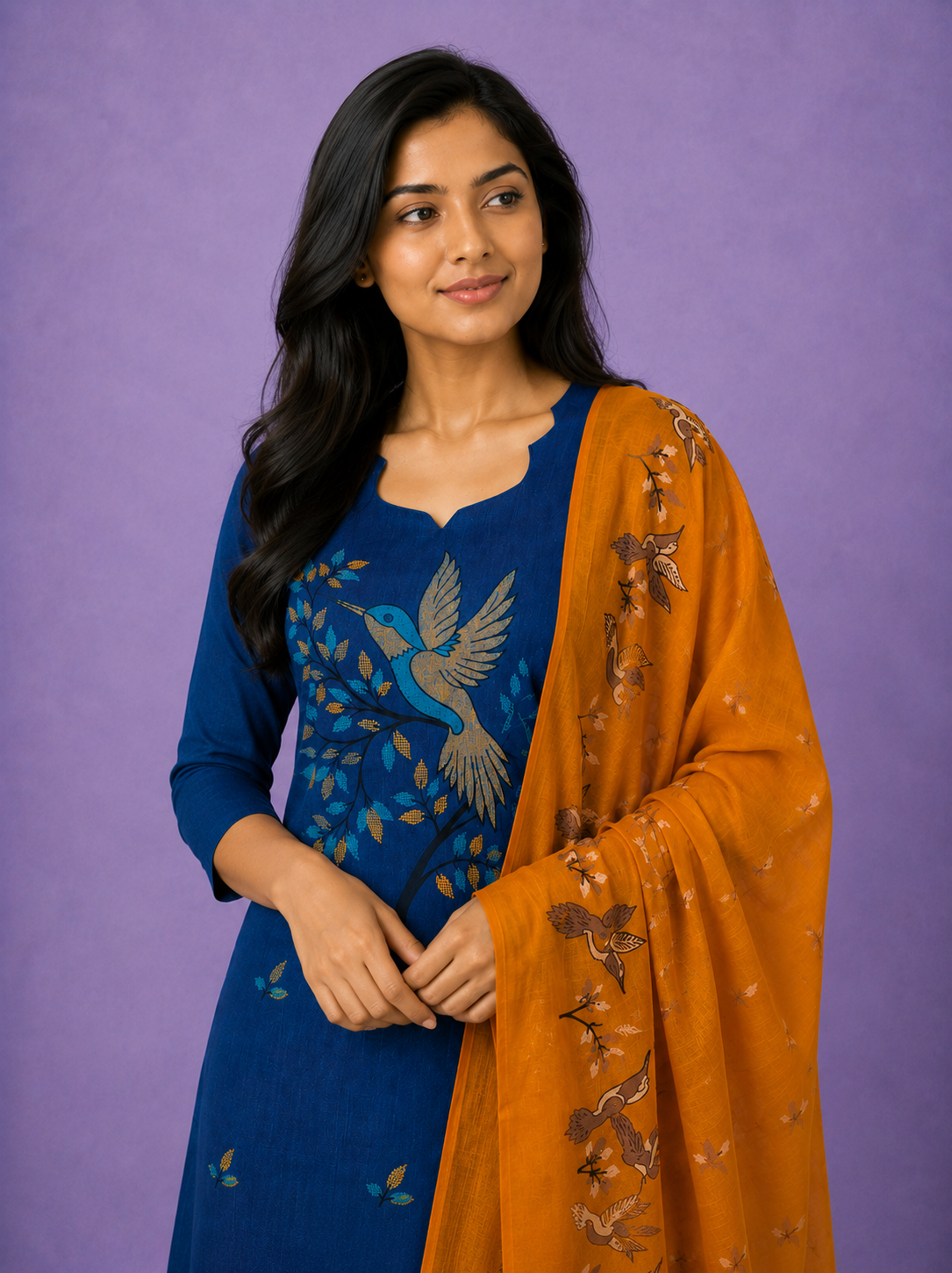 Premium Cotton Kurti Set with Bird Printed Design in Denim Blue | Gopuram Neck Design