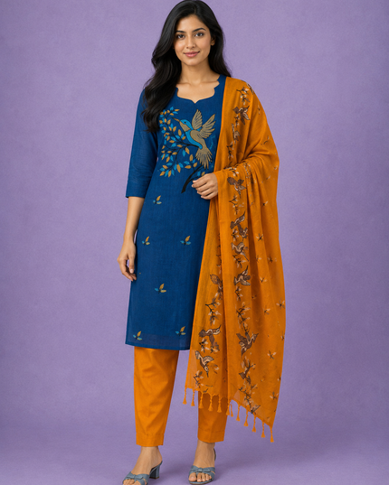 Premium Cotton Kurti Set with Bird Printed Design in Denim Blue | Gopuram Neck Design