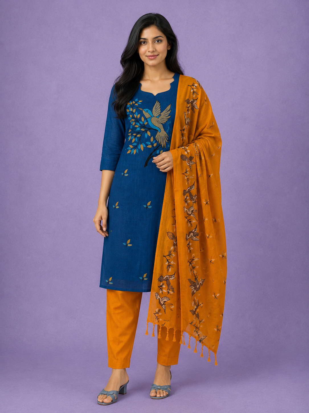 Premium Cotton Kurti Set with Bird Printed Design in Denim Blue | Gopuram Neck Design