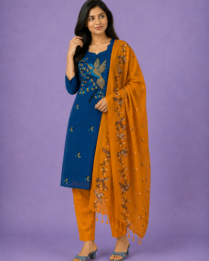 Premium Cotton Kurti Set with Bird Printed Design in Denim Blue | Gopuram Neck Design