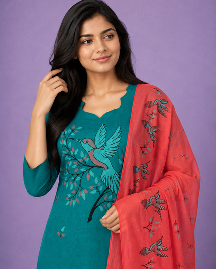 Premium Cotton Kurti Set with Bird Printed Design in Teal Green | Gopuram Neck Design