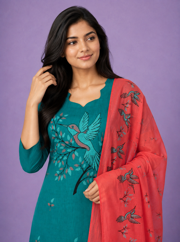 Premium Cotton Kurti Set with Bird Printed Design in Teal Green | Gopuram Neck Design