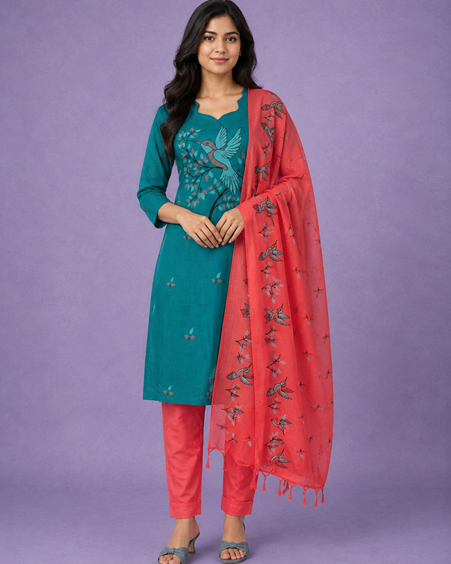 Premium Cotton Kurti Set with Bird Printed Design in Teal Green | Gopuram Neck Design