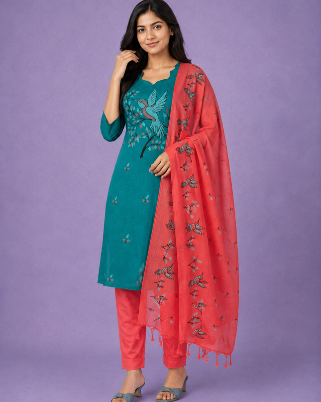 Premium Cotton Kurti Set with Bird Printed Design in Teal Green | Gopuram Neck Design