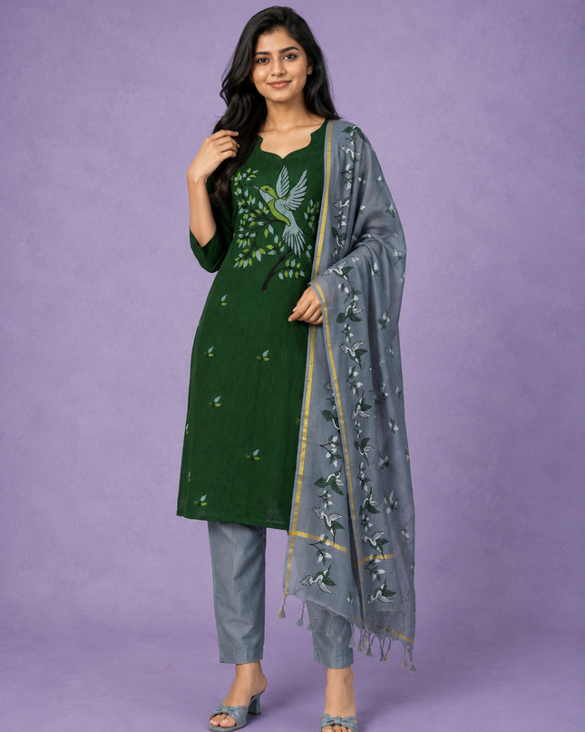 Premium Cotton Kurti Set with Bird Printed Design in Forest Green | Gopuram Neck Design