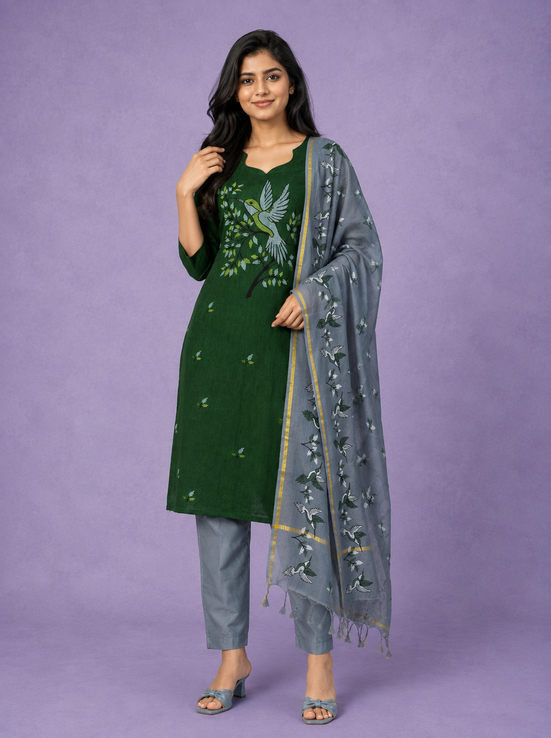 Premium Cotton Kurti Set with Bird Printed Design in Forest Green | Gopuram Neck Design